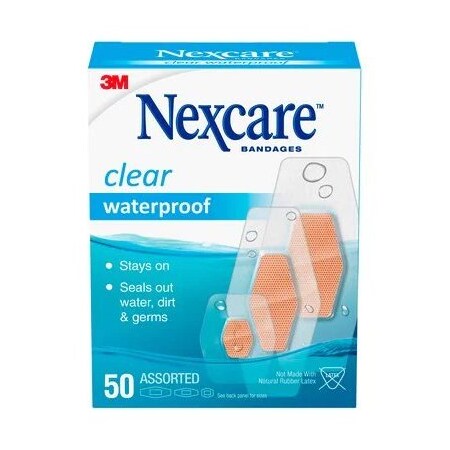 3M Nexcare Bandage Waterproof Assorted Sizes Clear, 50Bx, PK50 432-50-3BNS